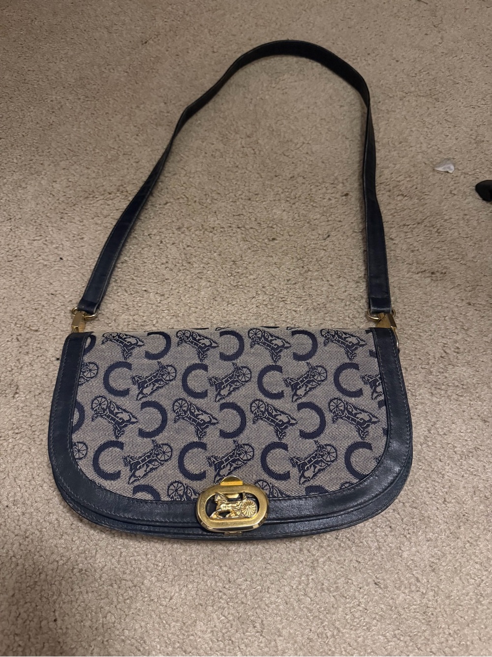 Celine Classic Navy and Cream Shoulder Bag with Gold Turn-Lock